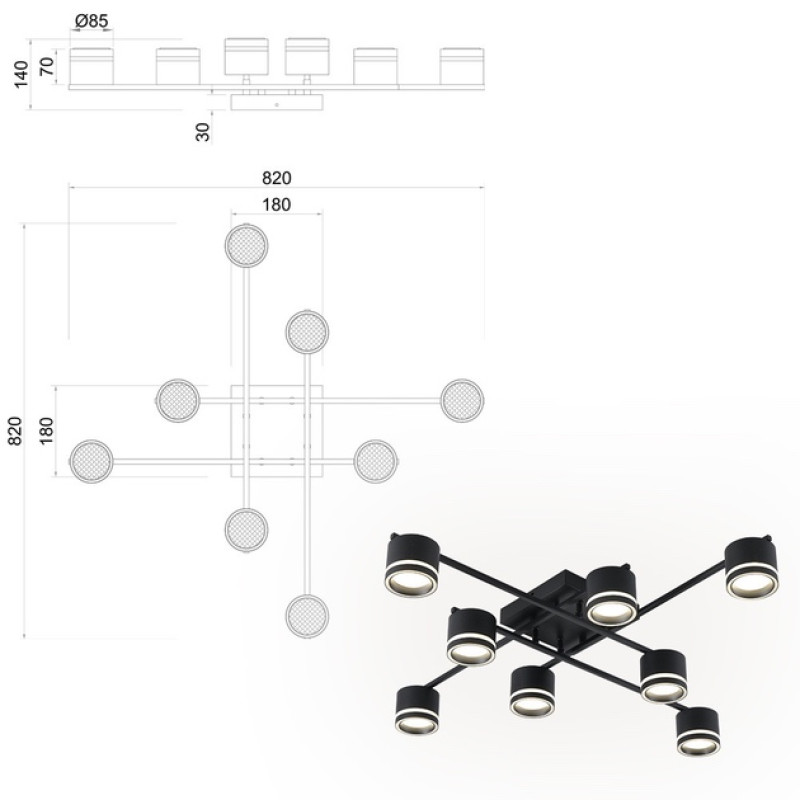 Люстра GELA 8xGX53 S-820x820x140-BLACK-IP20 Esllse