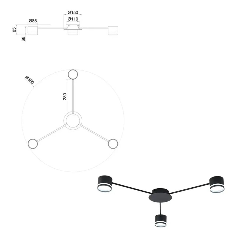 Люстра GUSTAV 3xGX53 R 850x85 BLACK 220-IP20 Esllse