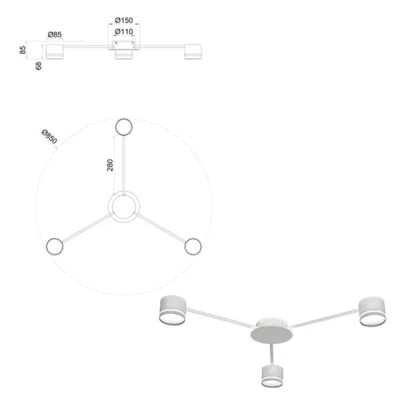 Люстра GUSTAV 3xGX53 R 850x85 WHITE 220-IP20 Esllse