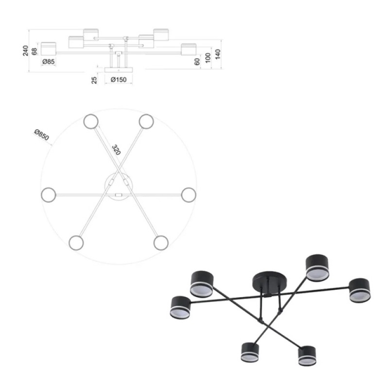 Люстра GUSTAV 6xGX53 R 850x240 BLACK 220-IP20 Esllse