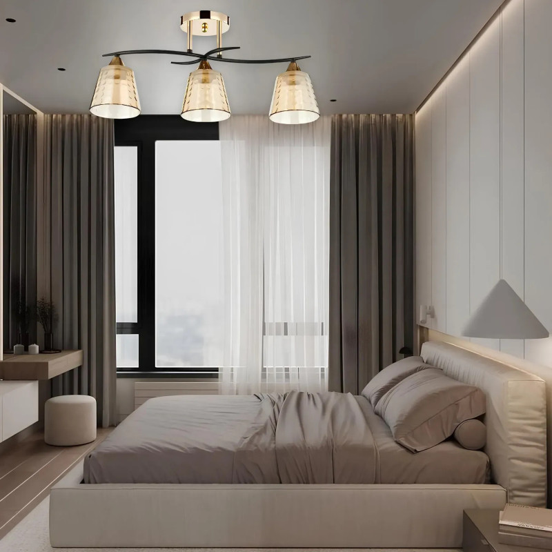 Потолочная люстра Interees с металлическим каркасом под три лампы Е27 черная/золотая IP20 V 6099-3 FG+BK