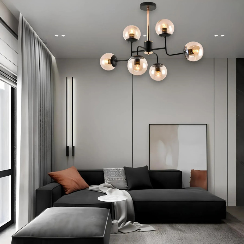 Люстра стельова VALESO на шість плафонів у формі кулі під лампу G9 чорно-золота IP20 V LJ-4011 GD+BK