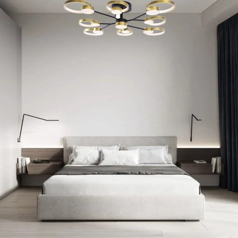 Потолковая светодиодная люстра Sirius 100W с круглыми плафонами 3000-6500К IP20 Ш 1313/9 Black+Gold