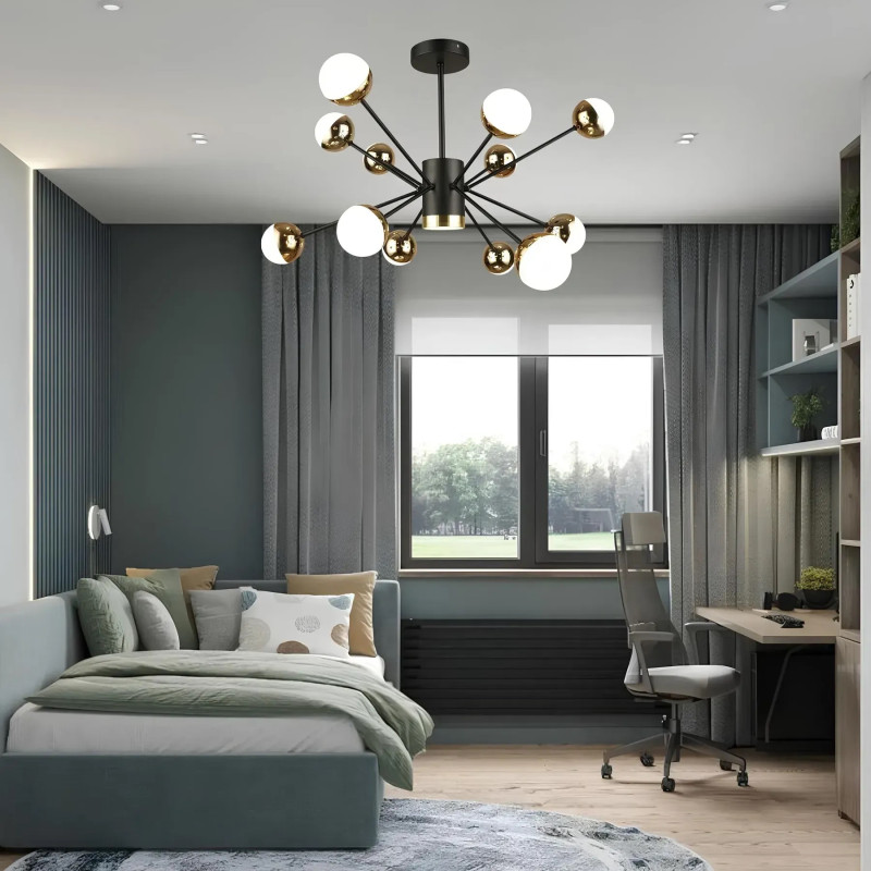 Потолочная светодиодная люстра Sirius 108W с плафонами-шарами 3000-6500К черно-золотая B N4187/12 BK+FG