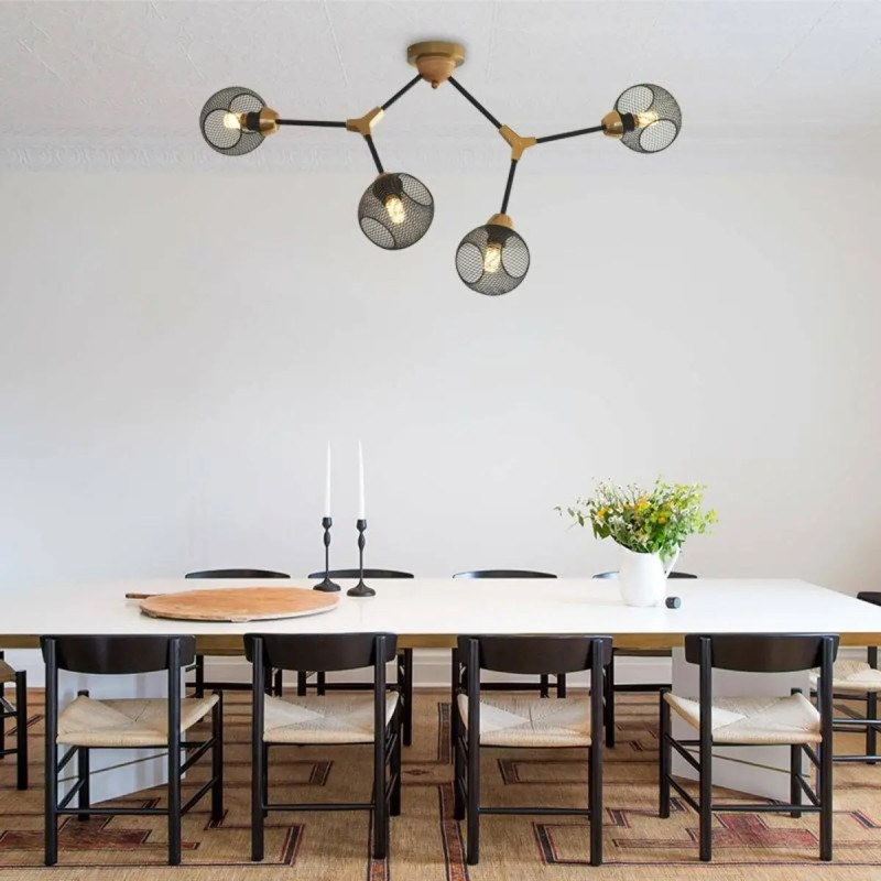 Потолочная люстра с деревянными элементами на 4 плафона из сетки под лампу Е27 черная IP20 Sirius GLX-2