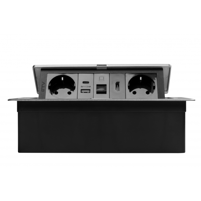 Меблева розетка в стільницю врізна GTVMULTISOFT, 2хSHUKO, USB A+C, RJ45, HDMI кабель 1.5 м, алюміний AE-PBSURH2GS-53