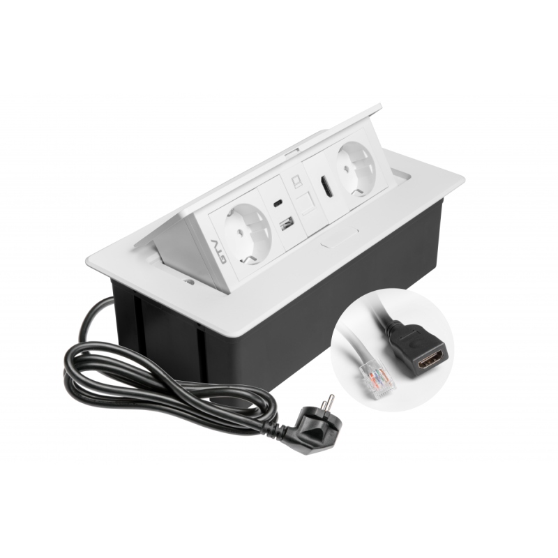 Меблева розетка в стільницю врізна GTV MULTISOFT, 2хSHUKO, USB A+C, RJ45, HDMI, кабель 1.5 м, білий AE-PBSURH2GS-10