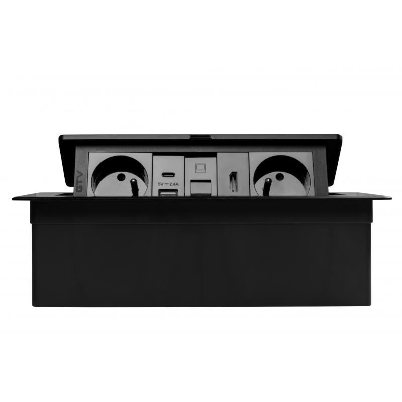 Мебельная розетка в столешницу врезная GTV MULTISOFT, 2хSHUKO, USB A+C, RJ45, HDMI кабель 1.5 м, черный AE-PBSURH2GS-20