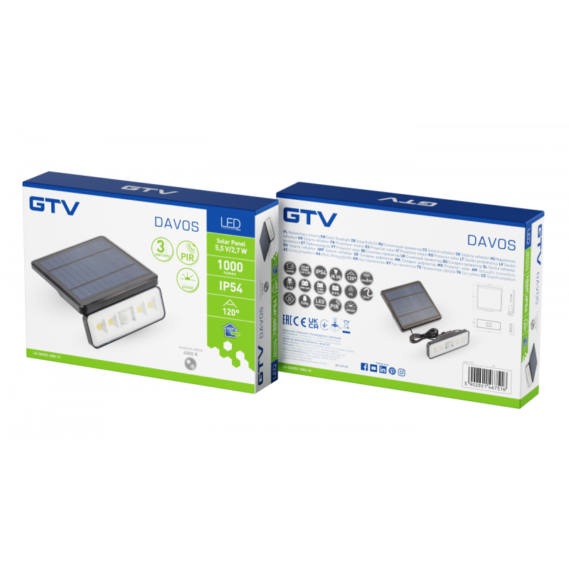 Светильник светодиодный на солнечной батарее DAVOS, датчик движения/суток 1000лм, 4000K, 2000 мАч GTV LD-DAVOS-1000-10