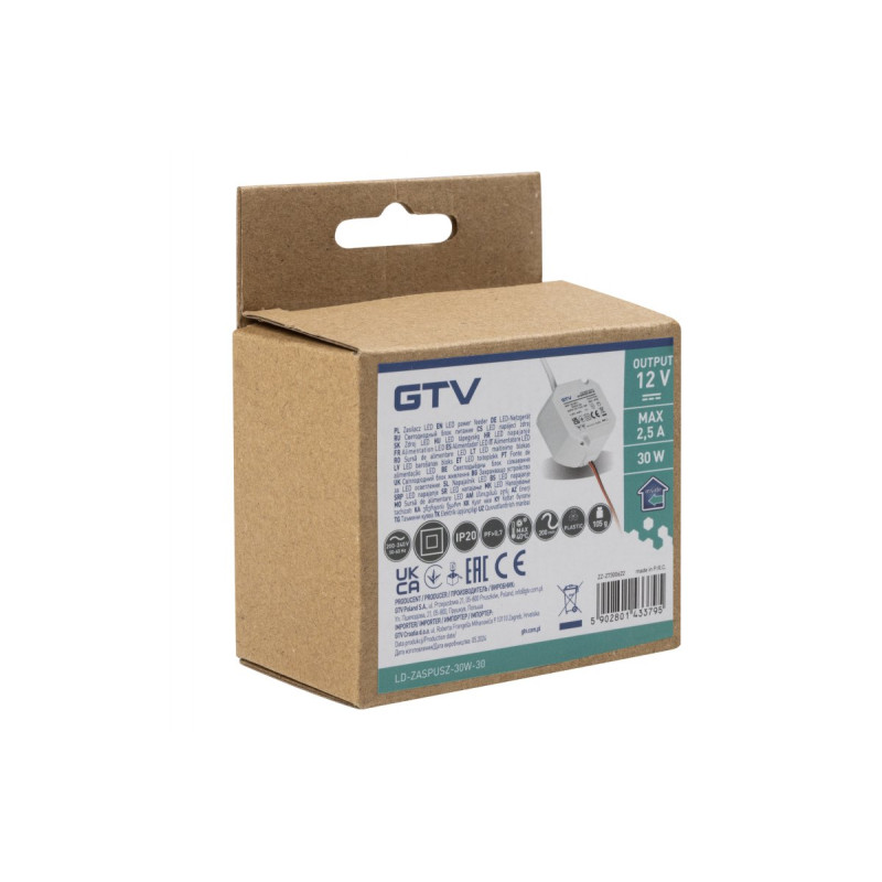 Блок питания в подрозетник, DC12В, вход AC220-240В, 30 Вт, вход AC220-240В, IP20 GTV LD-ZASPUSZ-30W-30