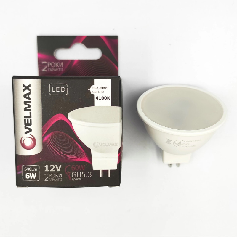 Світлодіодна LED лампа VELMAX V-MR16, 6W, 12V, GU5,3, 4100K, 540Lm. (21-14-50-1)