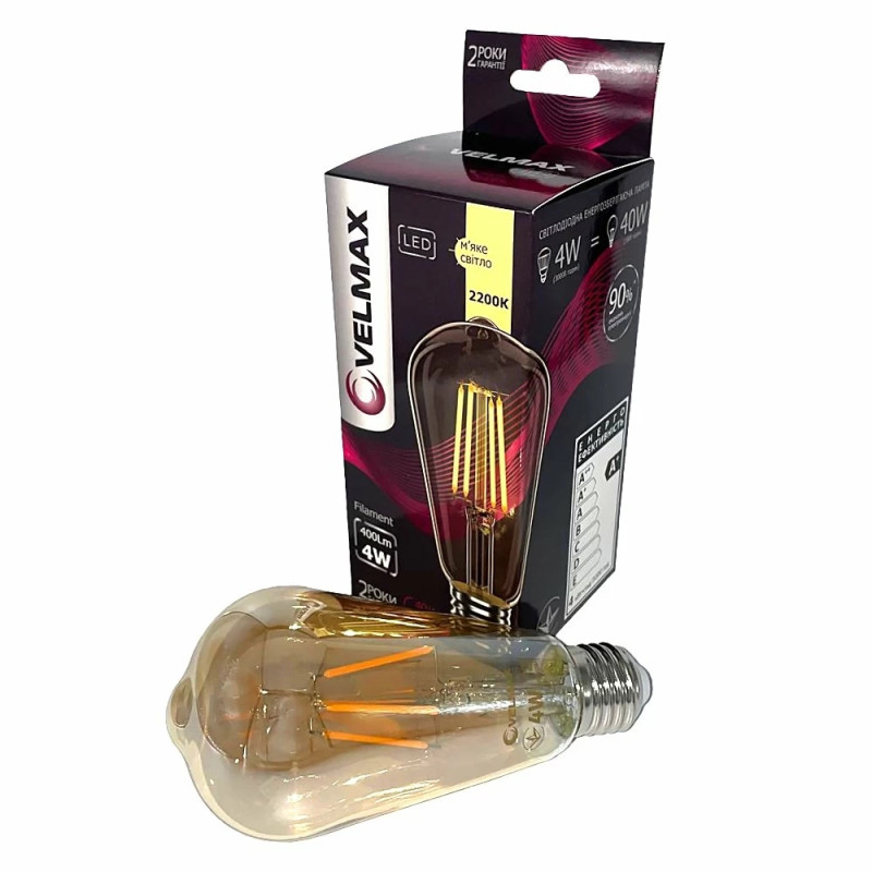 Світлодіодна LED лампа VELMAX V-Filament-Amber-ST64, 4W, E27, 2200K, 400Lm (21-43-25)