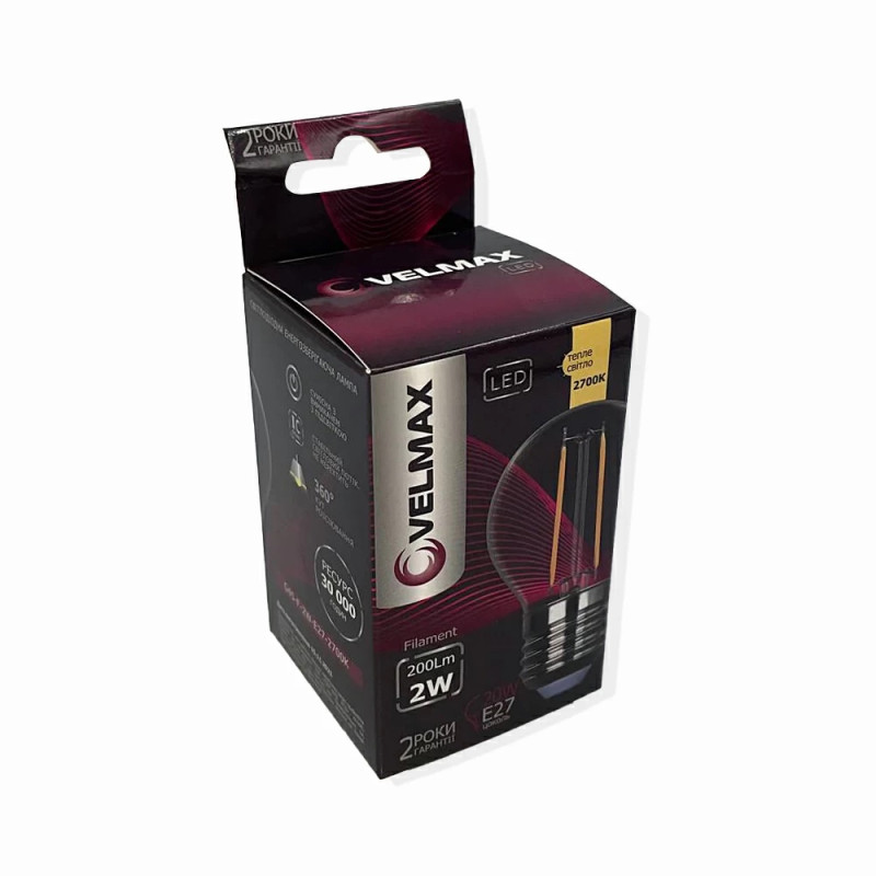 Светодиодная LED лампа VELMAX V-Filament-G45, 2W, E27, 2700K, 200Lm. (21-41-30-1)