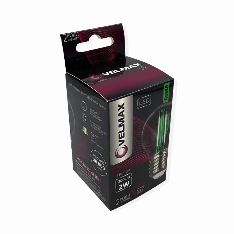 Світлодіодна LED лампа VELMAX V-Filament-G45, 2W, E27, зелена, 200Lm (21-41-33)