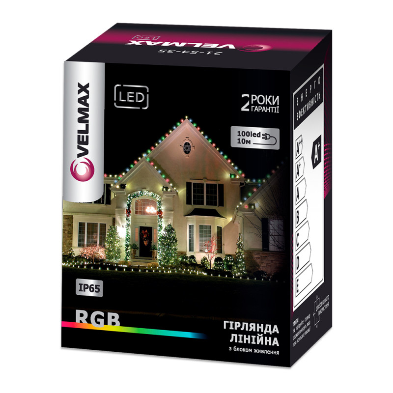 LED гірлянда VELMAX V-SSL, лінійна 10м (д/подовж. осн. гірлянди), 100LED, 2700К, чорний кабель, IP65 (21-54-00)