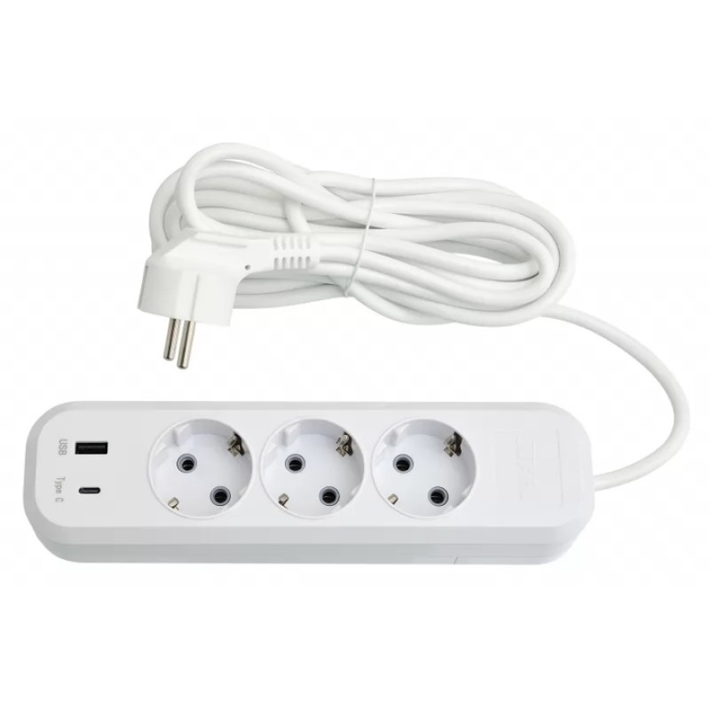 Сетевой удлинитель Luxel 3 розетки 5М с заземлением + USB+Type C (7165)