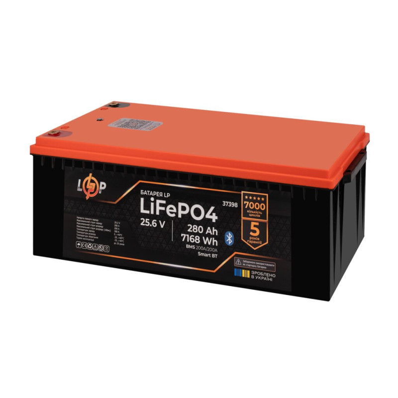 Акумулятор LP LiFePO4 25,6V - 280 Ah (7168Wh) (BMS 200A/200А) пластик Smart BT