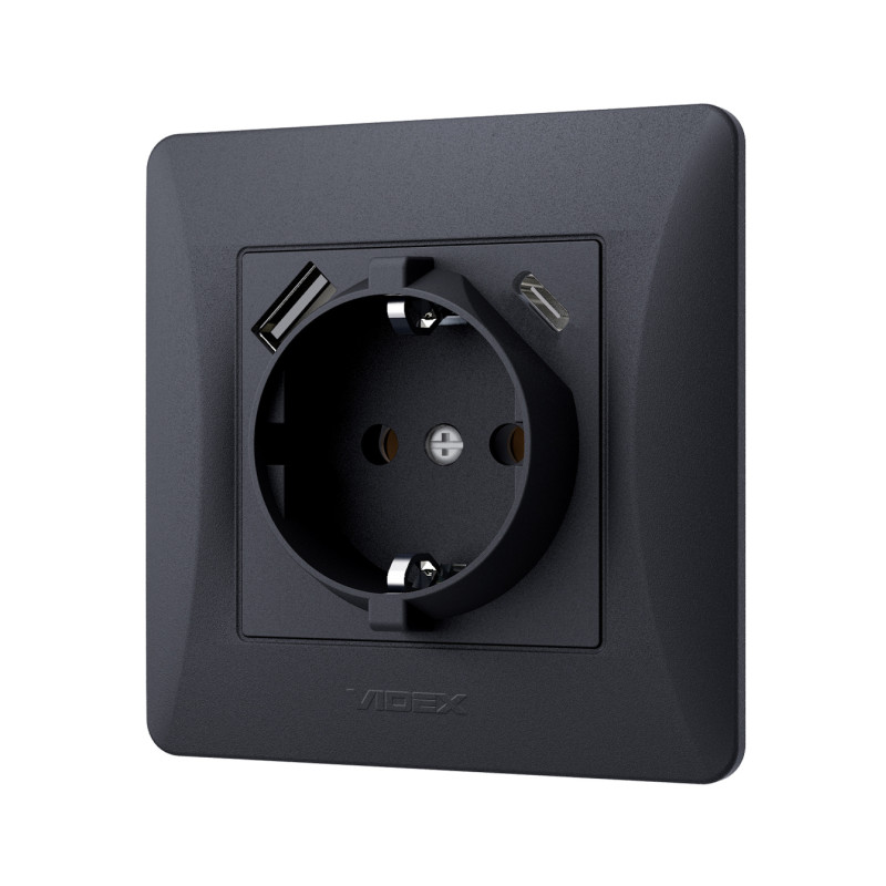 Розетка одинарная с заземлением с USB+USB-C черный графит VIDEX BINERA (VF-BNSK1GUC-BG)