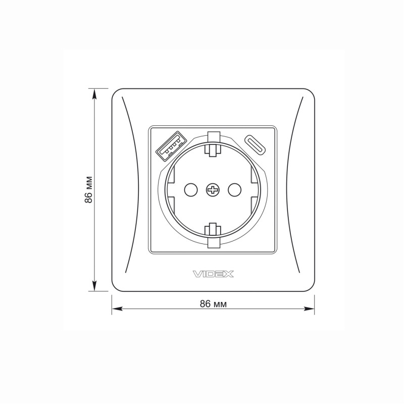 Розетка одинарная с заземлением с USB+USB-C серебряный шелк VIDEX BINERA (VF-BNSK1GUC-SS)