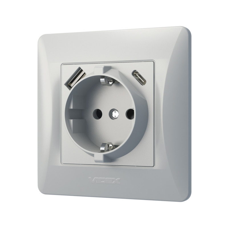 Розетка одинарная с заземлением с USB+USB-C серебряный шелк VIDEX BINERA (VF-BNSK1GUC-SS)