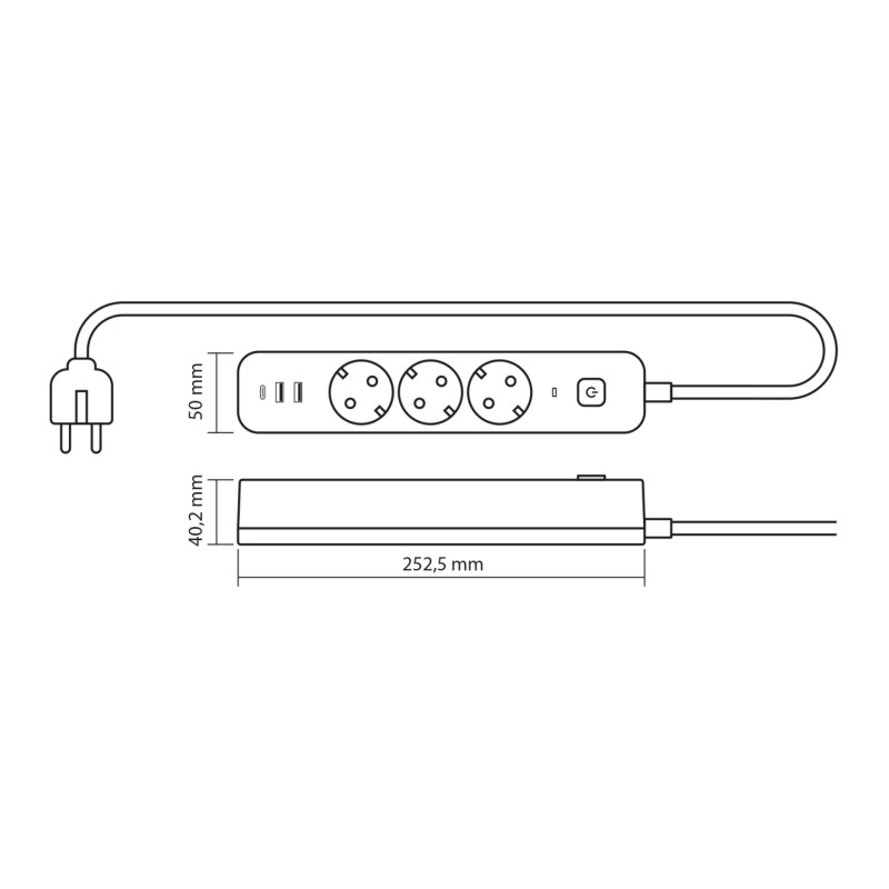 Подовжувач мережевий VIDEX ONCORD з/з 3п 3м 2.4А 2USB+USB-C з кнопкою білий (VF-PD33G2U1C-W)