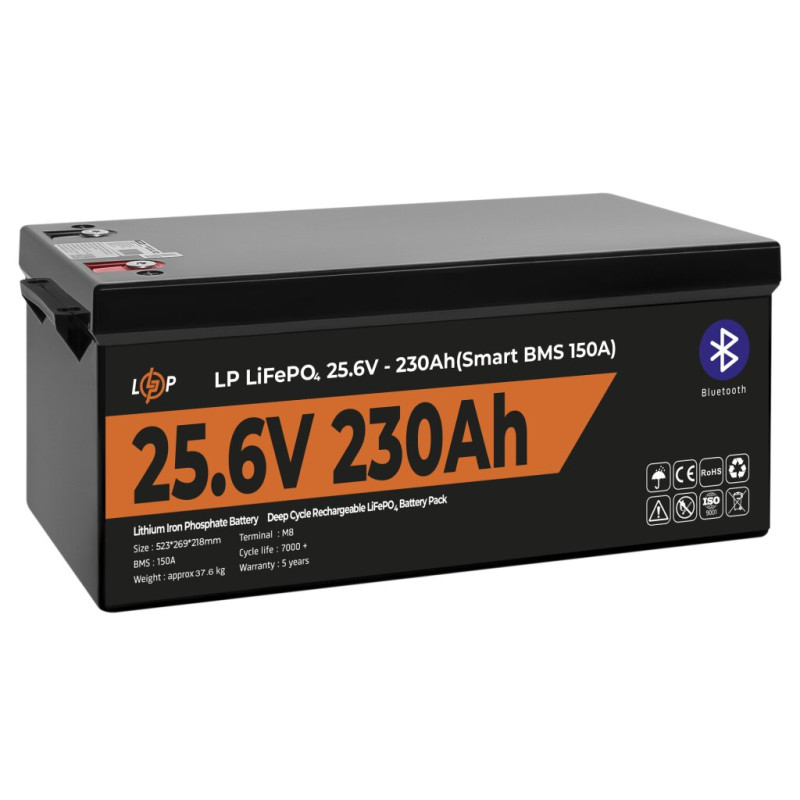 Аккумулятор LP LiFePO4 25,6V - 230 Ah (5888Wh) (Smart BMS 150А) с BT пластик