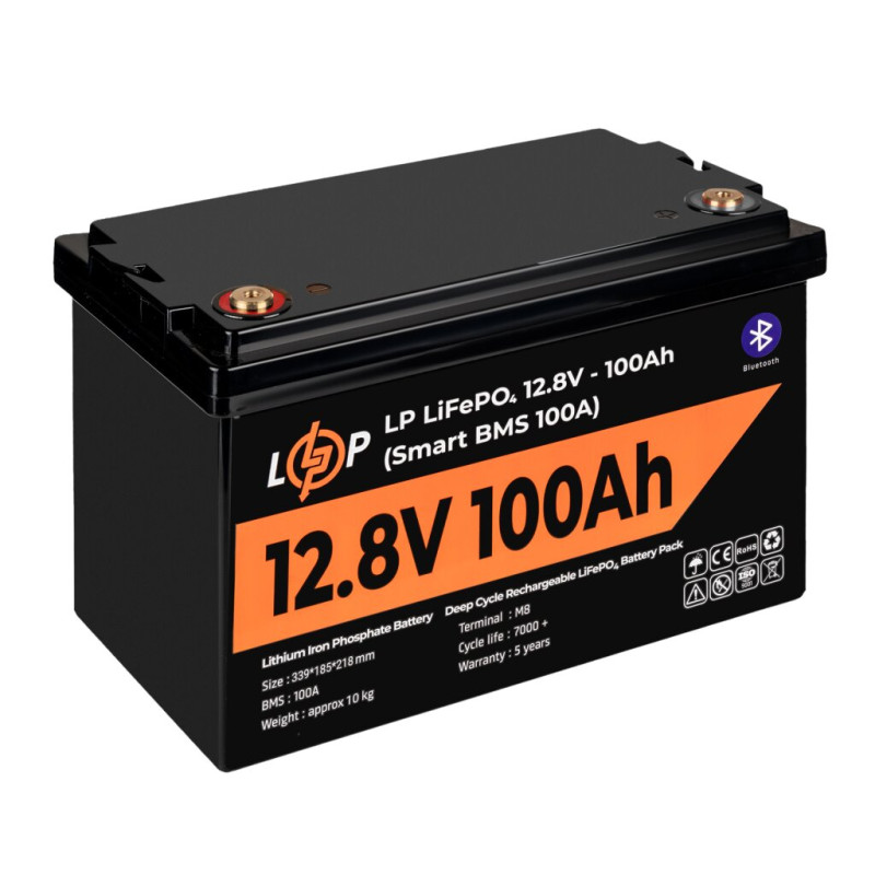 Акумулятор LP LiFePO4 12V (12,8V) - 100 Ah (1280Wh) (Smart BMS 100А) з BT пластик для ДБЖ