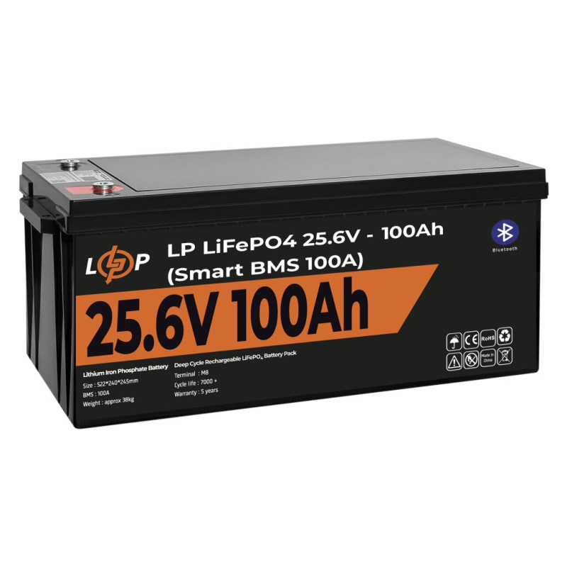 Акумулятор LP LiFePO4 24V (25,6V) - 100 Ah (2560Wh) (Smart BMS 100А) з BT пластик для ИБП