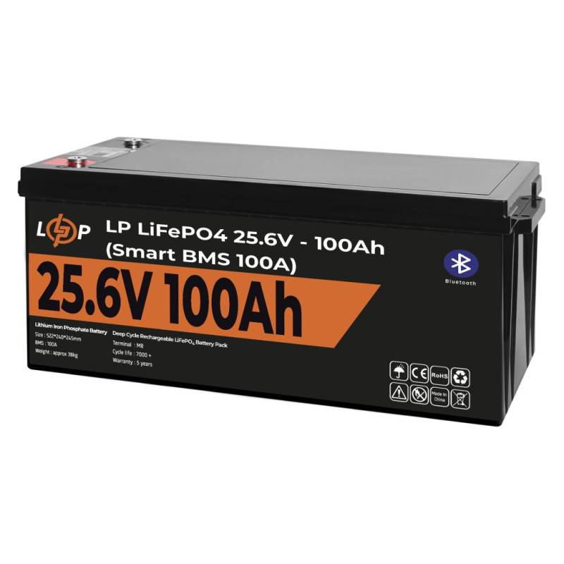 Акумулятор LP LiFePO4 24V (25,6V) - 100 Ah (2560Wh) (Smart BMS 100А) з BT пластик для ИБП