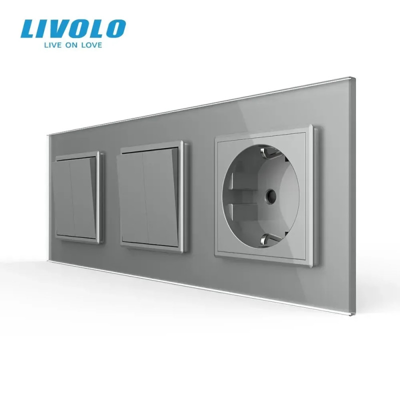 Четырехклавишный выключатель (2-2) с розеткой LIVOLO серое матовое стекло VL-C7FC2MK/FC2MK/FCTC16A-