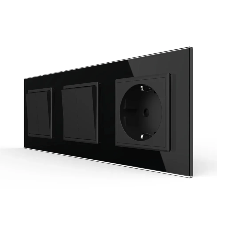 Четырехклавишный выключатель (2-2) с розеткой Livolo черное стекло (VL-C7K2/K2/FCTC16A-6BP)