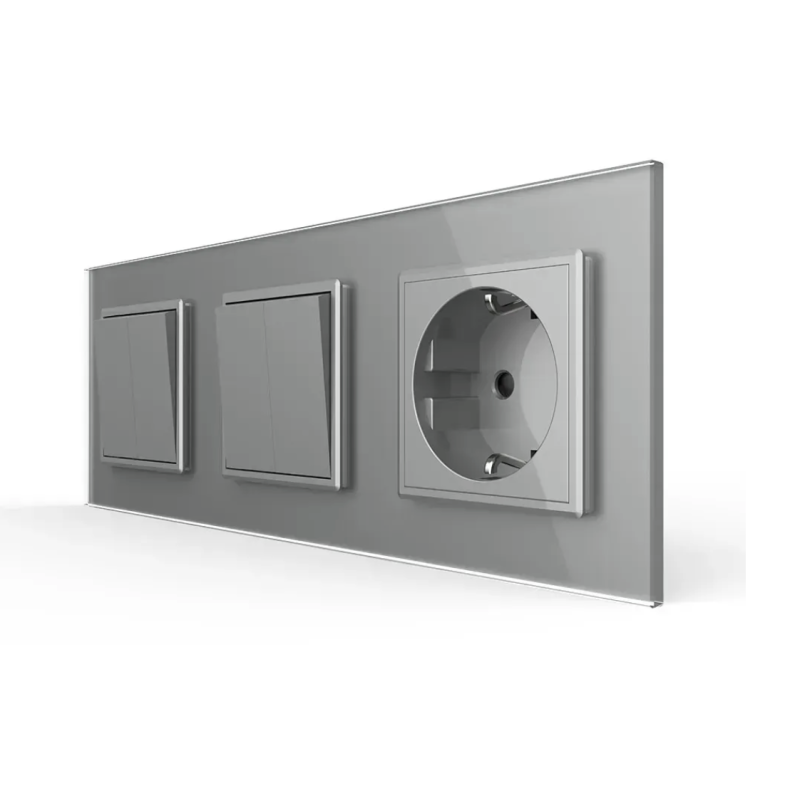 Четырехклавишный выключатель (2-2) с розеткой Livolo серое стекло (VL-C7K2/K2/FCTC16A-6IP)
