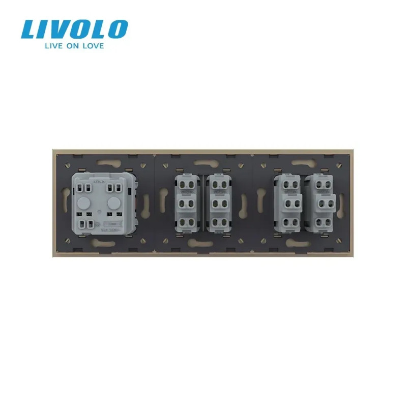 Четырехклавишный выключатель (2-2) с розеткой Livolo золотое стекло (VL-C7K2/K2/FCTC16A-6AP)