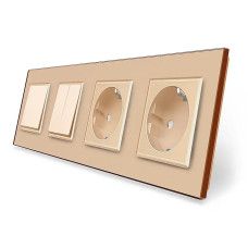 Трехклавишный выключатель (1-2) с двойной розеткой Livolo золотое стекло (VL-C7K1/K2/FCTC16A/FCTC16A-8A)