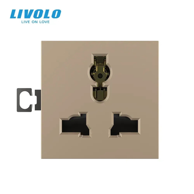 Универсальная розетка LIVOLO 12-в-1, с заземлением и шторками, золотая, 16А 250В, модуль (VL-FCT22 16A (724200613)