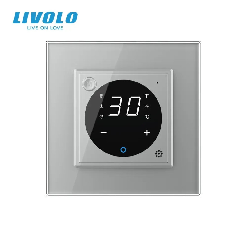 Терморегулятор (термостат) сенсорный программированный для теплого пола LIVOLO, серый стеклянный (VL-C7FC)