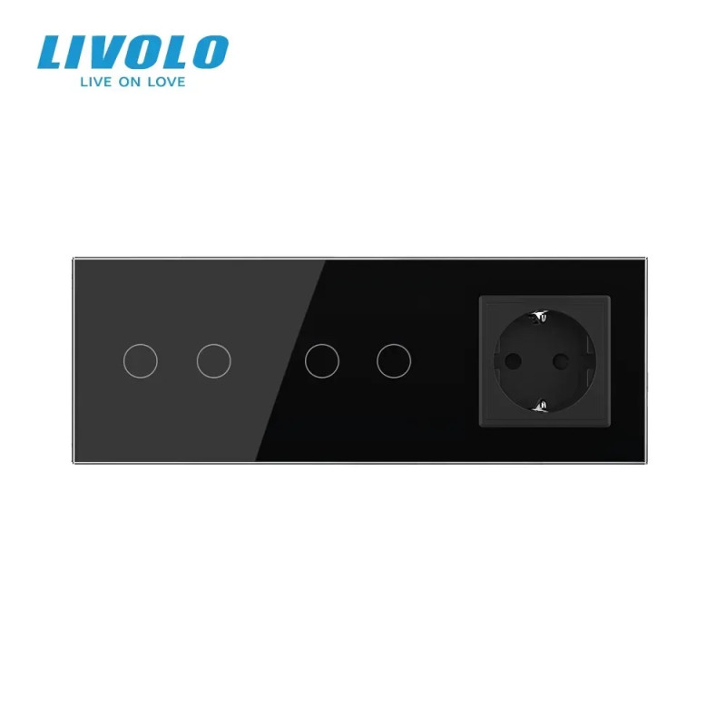 Сенсорный проходной/перекрестный выключатель 4 сенсора (2-2) 1 розетка LIVOLO черное матовое стекло