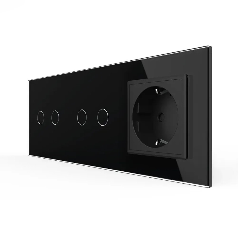 Сенсорный проходной/перекрестный выключатель 4 сенсора (2-2) 1 розетка LIVOLO черное матовое стекло