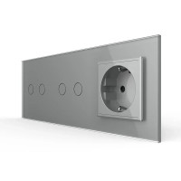 Сенсорный проходной/перекрестный выключатель 4 сенсора (2-2) 1 розетка Livolo серое стекло (VL-C702S/C702S/