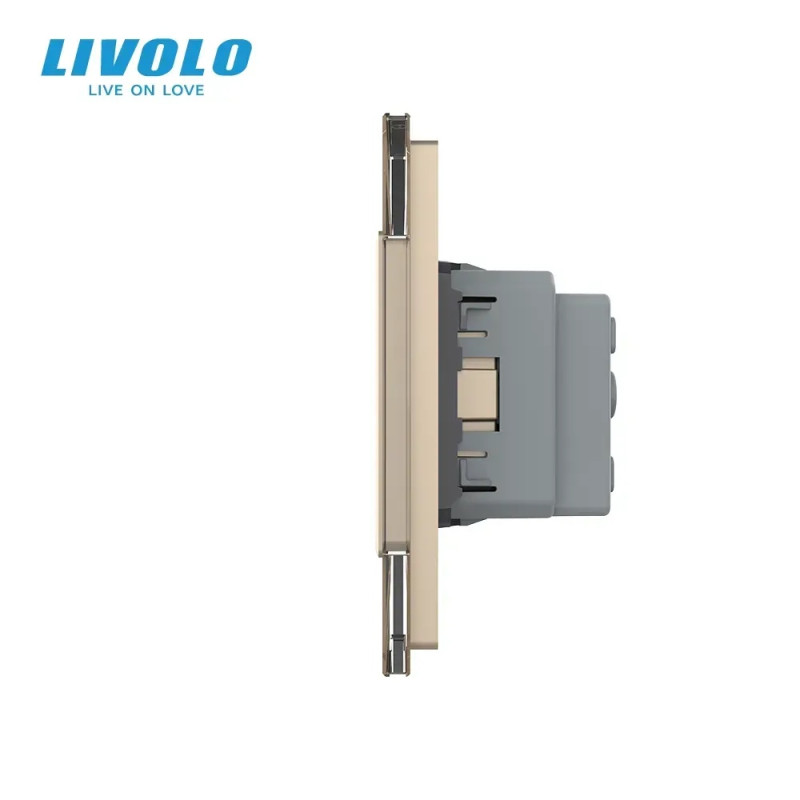 Сенсорний прохідний/перехресний вимикач 4 сенсора (2-2) 1 розетка Livolo золото скло (VL-C702S/C702S