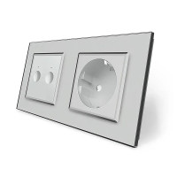 Сенсорный проходной/перекрестный выключатель Sense 2 сенсора 1 розетка Livolo серое стекло (VL-C7FC2S/FCTC1