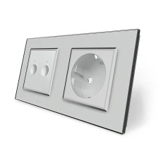 Сенсорный проходной/перекрестный выключатель Sense 2 сенсора 1 розетка Livolo серое стекло (VL-C7FC2S/FCTC1