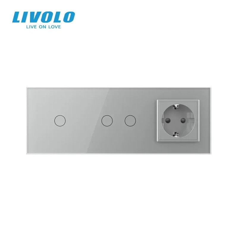 Сенсорный проходной/перекрестный выключатель 3 сенсора (1-2) 1 розетка LIVOLO серое матовое стекло