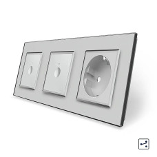 Сенсорный проходной/перекрестный выключатель 2 сенсора (1-1) 1 розетка LIVOLO серое матовое стекло