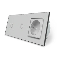 Сенсорный проходной/перекрестный выключатель 2 сенсора (1-1) 1 розетка Livolo серое стекло (VL-C701S/C701S/