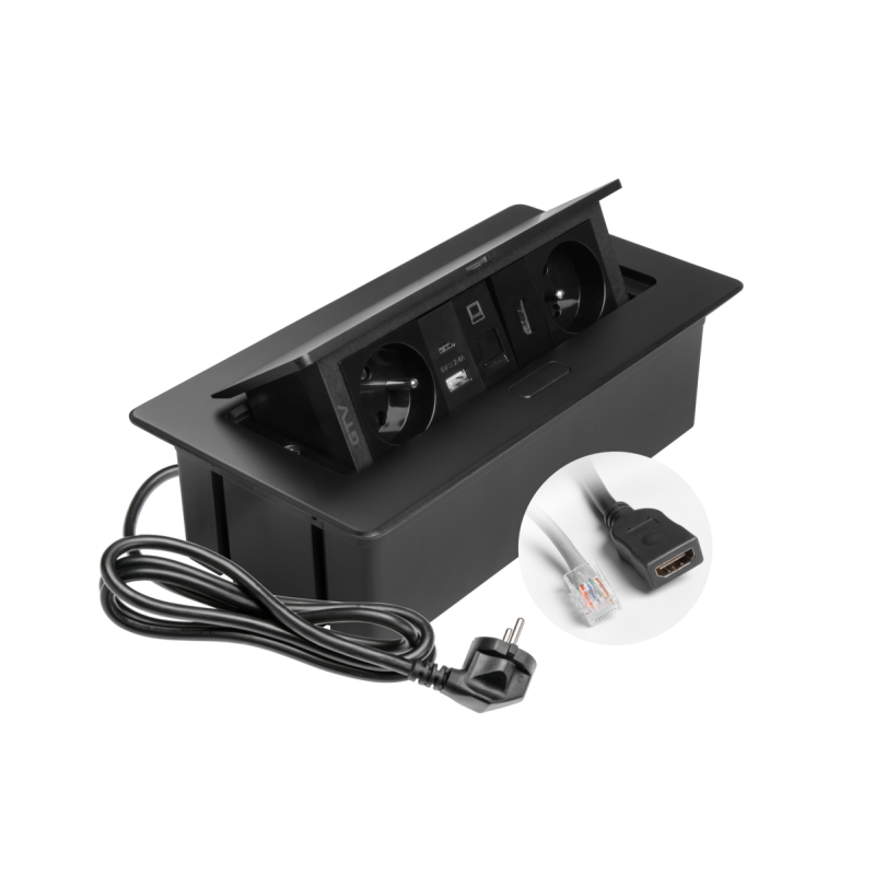 Мебельная розетка в столешницу врезная GTV MULTISOFT, 2хSHUKO, USB A+C, RJ45, HDMI кабель 1.5 м, черный AE-PBSURH2GS-20