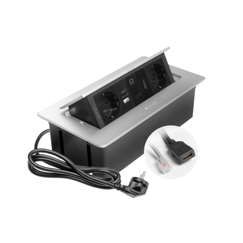 Меблева розетка в стільницю врізна GTVMULTISOFT, 2хSHUKO, USB A+C, RJ45, HDMI кабель 1.5 м, алюміний AE-PBSURH2GS-53