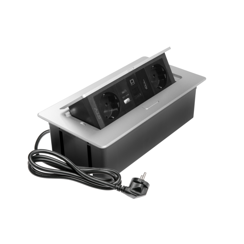 Меблева розетка в стільницю врізна GTVMULTISOFT, 2хSHUKO, USB A+C, RJ45, HDMI кабель 1.5 м, алюміний AE-PBSURH2GS-53