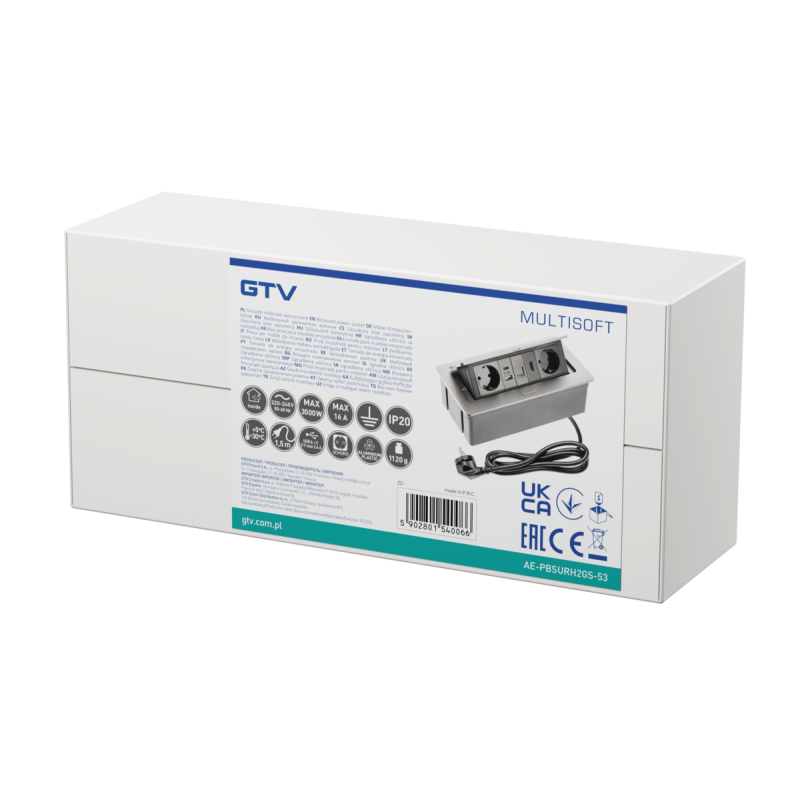 Меблева розетка в стільницю врізна GTVMULTISOFT, 2хSHUKO, USB A+C, RJ45, HDMI кабель 1.5 м, алюміний AE-PBSURH2GS-53