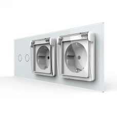 Сенсорный выключатель на 2 сенсора + двойная влагозащитная розетка с крышкой IP44, с заземлением, белая